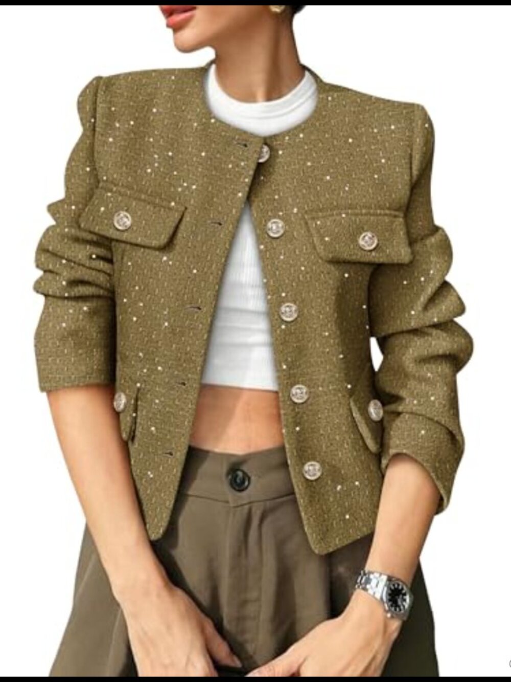 Womens Tweed Blazer Cropped Collarless Button Down Work Jacket
